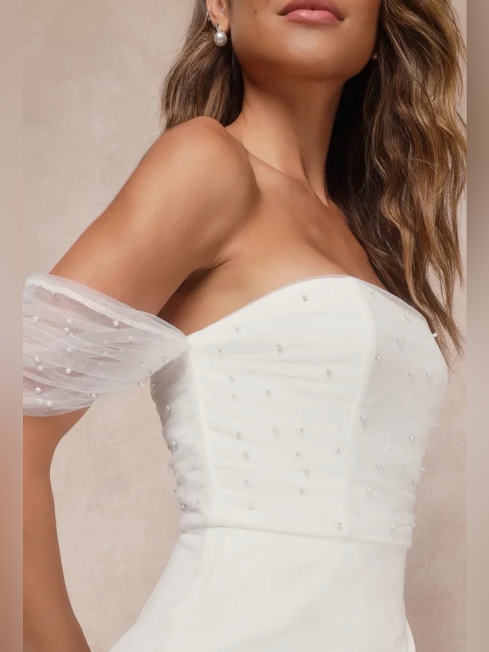 Lulu's White Off-Shoulder Pearl-Embellished Wedding Dress